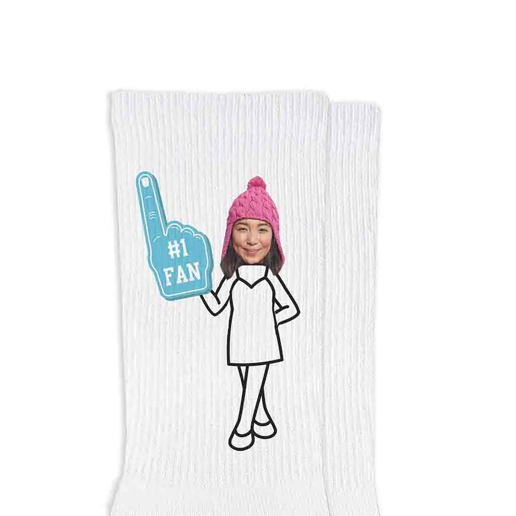 #1 Fan Custom Photo Faces on Cotton Crew Socks For Women