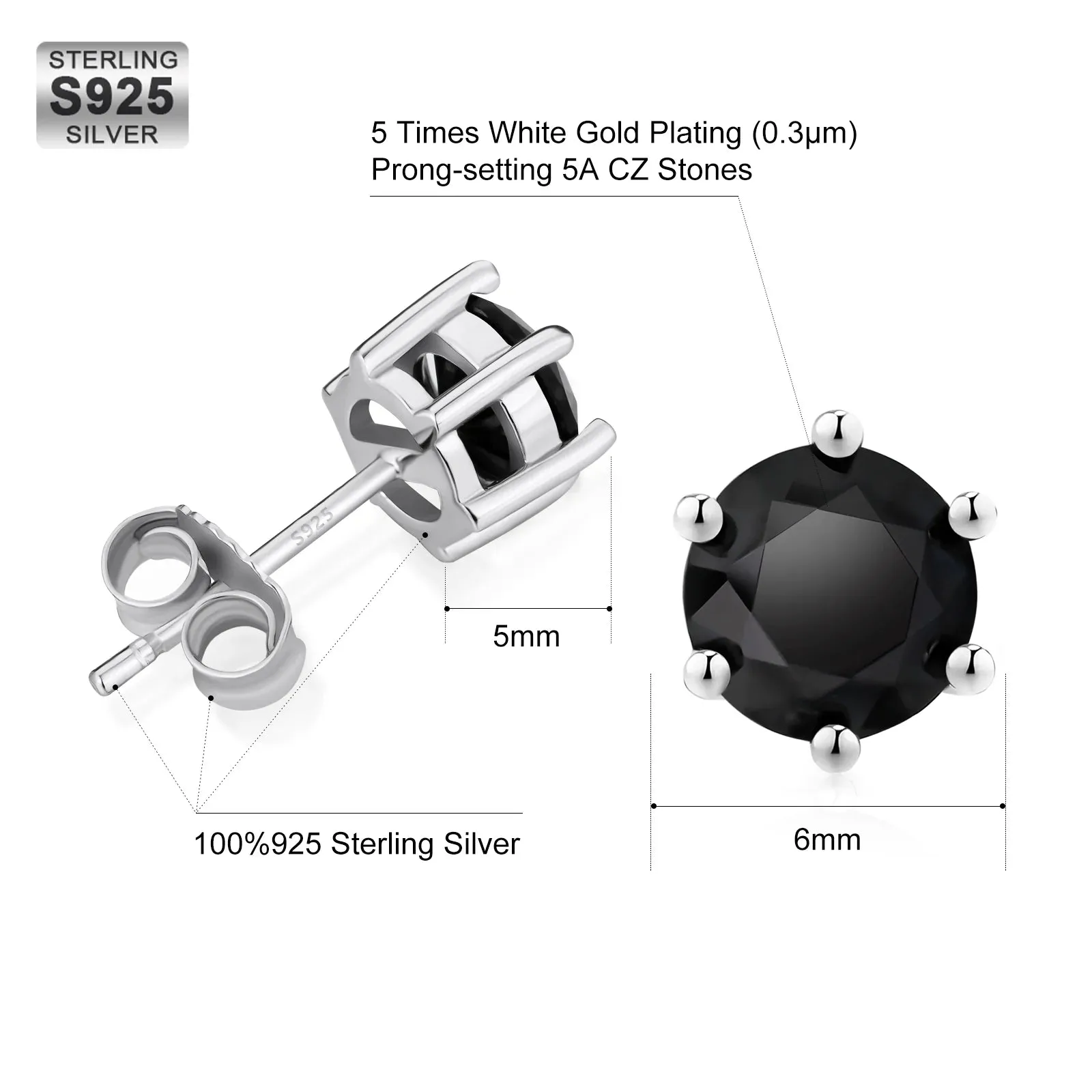 6mm Black Diamond Round Stud Earrings in White Gold