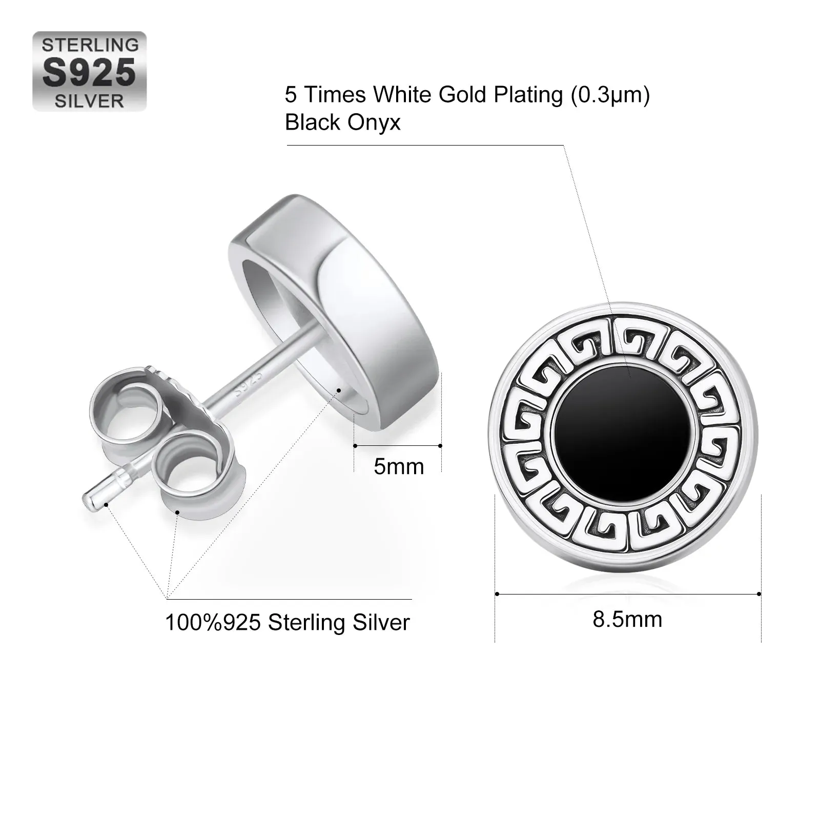 8.5mm Vintage Black Agate Round Diamond Stud Earrings in 925 Sterling Silver