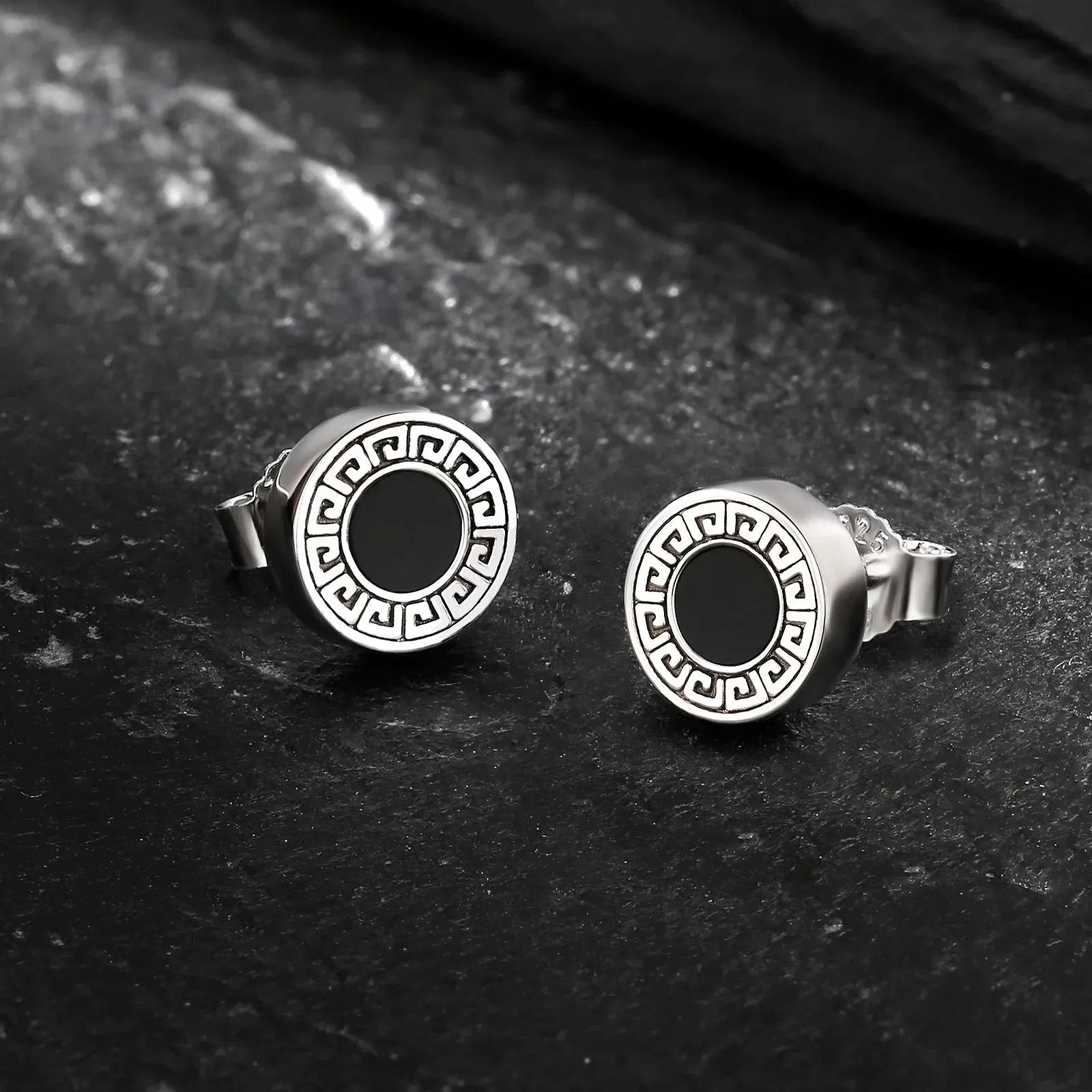8.5mm Vintage Black Agate Round Diamond Stud Earrings in 925 Sterling Silver