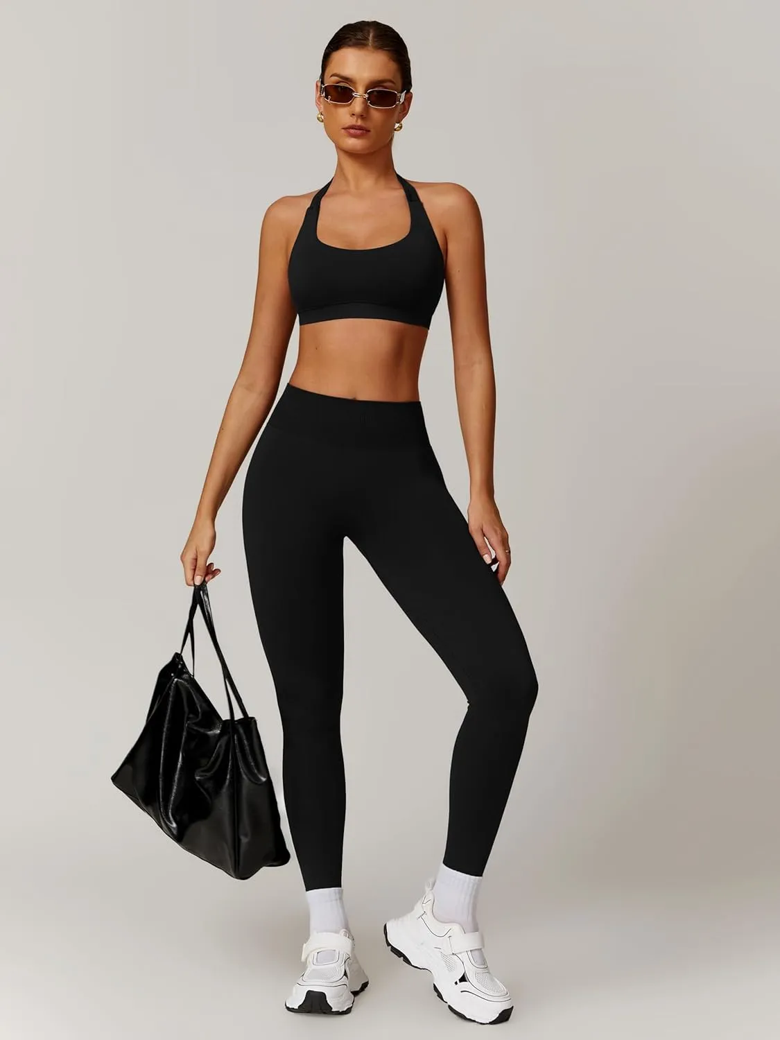 ABOCIW Workout Sets for Women Seamless Scunch Butt Lifting Impact Leggings Halter Sports Bra 2 Piece Gym Outfits