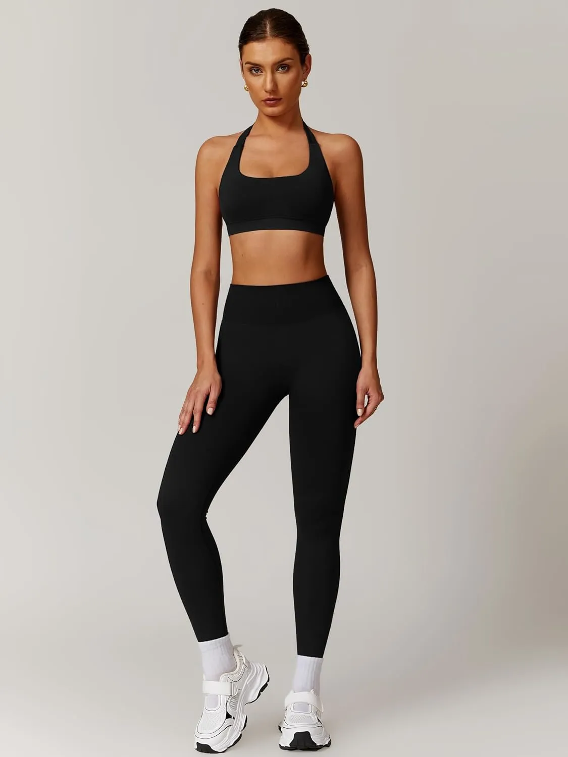 ABOCIW Workout Sets for Women Seamless Scunch Butt Lifting Impact Leggings Halter Sports Bra 2 Piece Gym Outfits