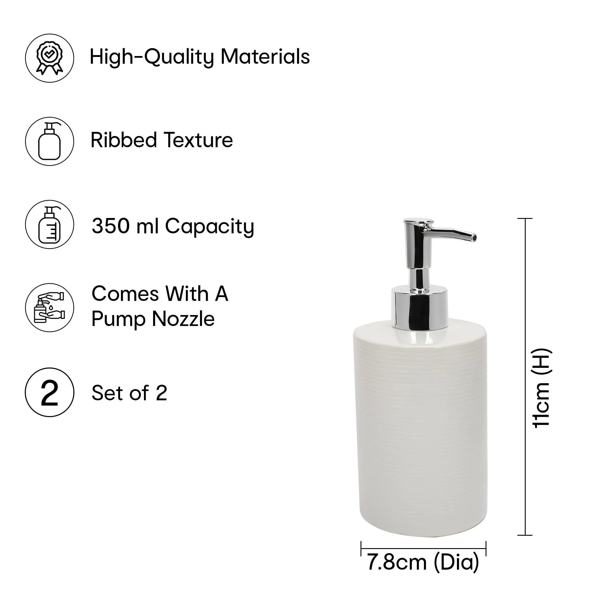 Anko Textured Soap Dispenser- Set of 2 | Bathroom Sanitizer, Lotion, Shampoo Dispenser | Handwash Bottle for Kitchen | Soap Dispenser for Wash Basin | Bathroom Accessories | 18.4cm (H) x 7.8cm| White