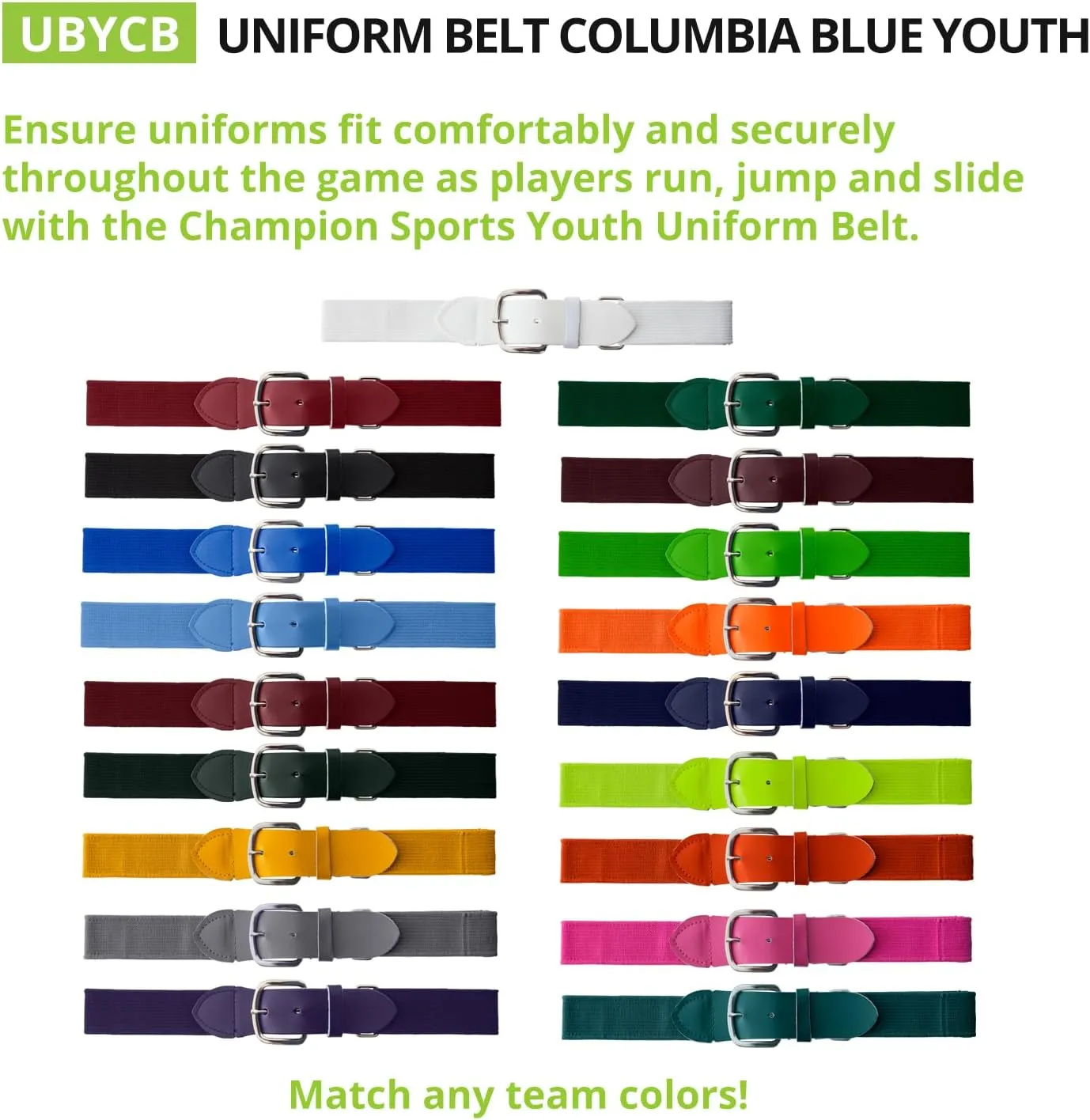 Champion Sports Baseball/Softball Uniform Belt, Comfort Stretch Fit - Durable Syntex Tab, Youth & Adult Sizes