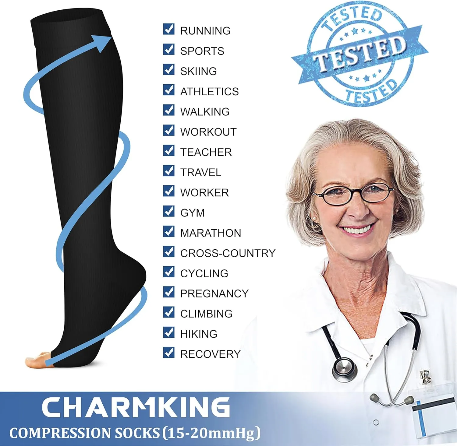 CHARMKING 3 Pairs Open Toe Compression Socks for Women & Men Circulation 15-20 mmHg is Best Support for All Day Wear