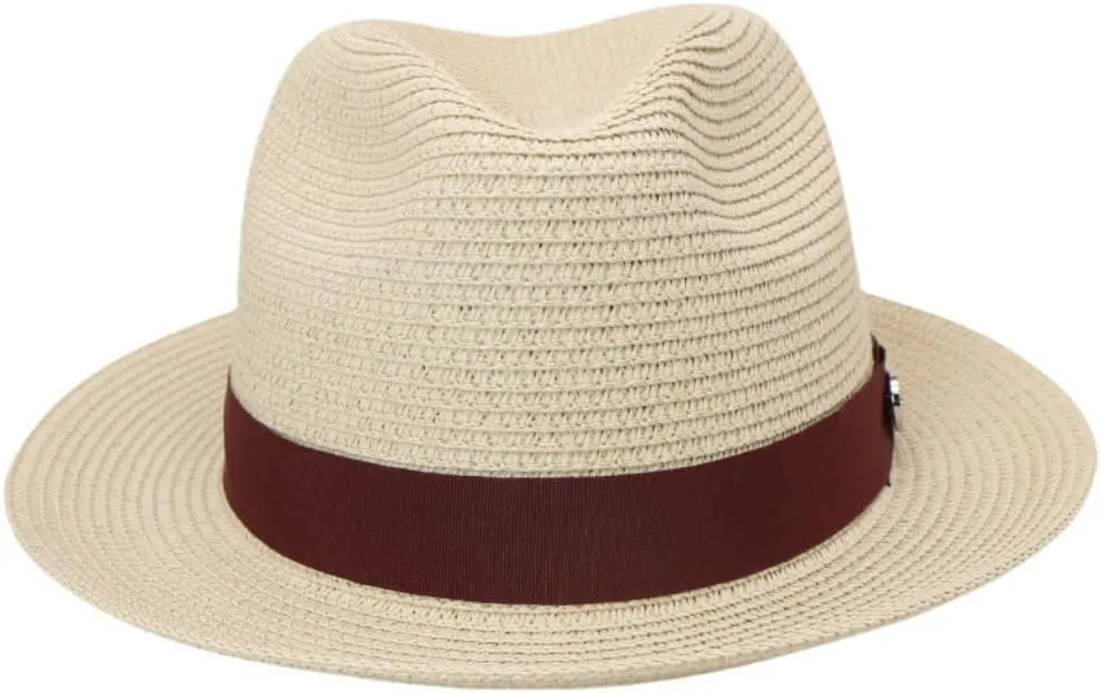 Classic Straw Fedora Hat, Brown Band with Decorative Button, Khaki