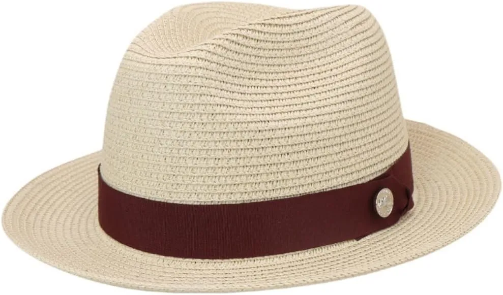 Classic Straw Fedora Hat, Brown Band with Decorative Button, Khaki