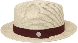 Classic Straw Fedora Hat, Brown Band with Decorative Button, Khaki