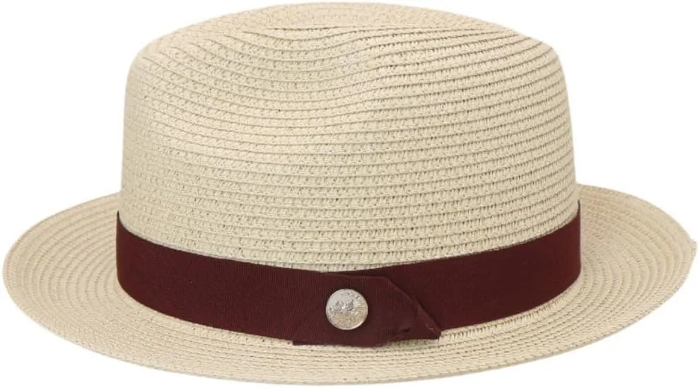 Classic Straw Fedora Hat, Brown Band with Decorative Button, Khaki