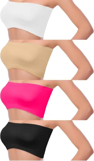 Cooraby 4 Pack Women Tube Tops Summer Non-Padded Seamless Bra, 4 Colors