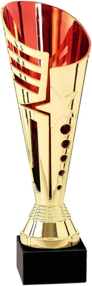 Customizable 12-3/4 Inch Gold and Red Modern European Cone Shaped Trophy, Includes Personalization