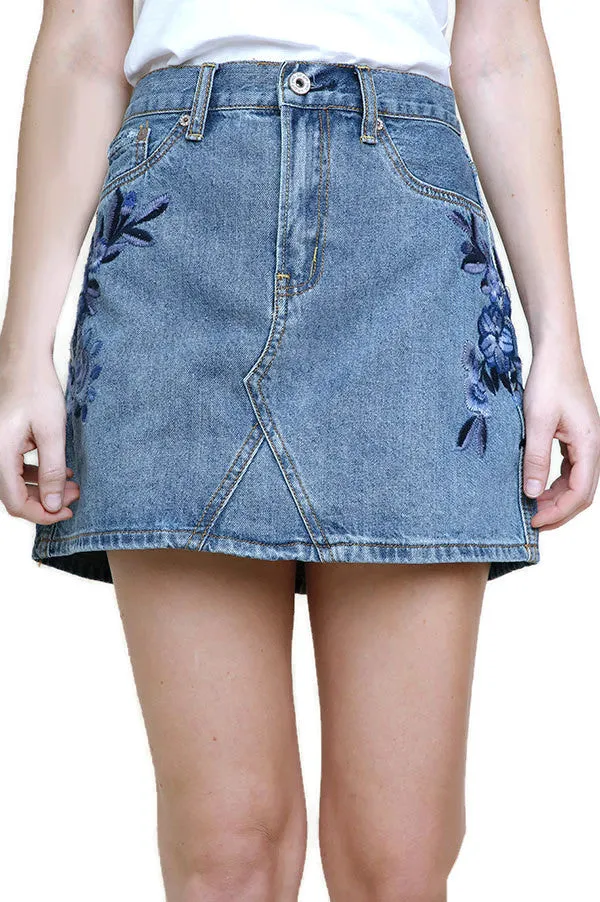 Floral Embroidered Mini Skirt, Light Denim