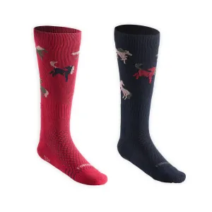 Fouganza children's riding knee socks with Sks 500 Graph print, red-black