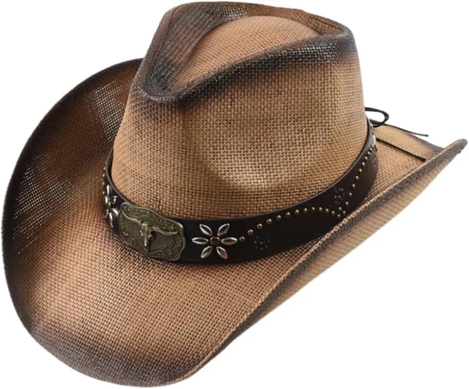 GORGLITTER Women's Straw Cowboy Hat Western Hats Cowgirl Classic Wide Brim Sun Hat for Men