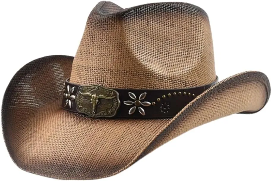 GORGLITTER Women's Straw Cowboy Hat Western Hats Cowgirl Classic Wide Brim Sun Hat for Men