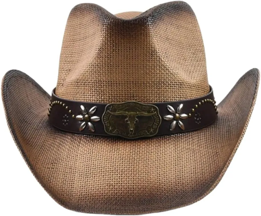 GORGLITTER Women's Straw Cowboy Hat Western Hats Cowgirl Classic Wide Brim Sun Hat for Men