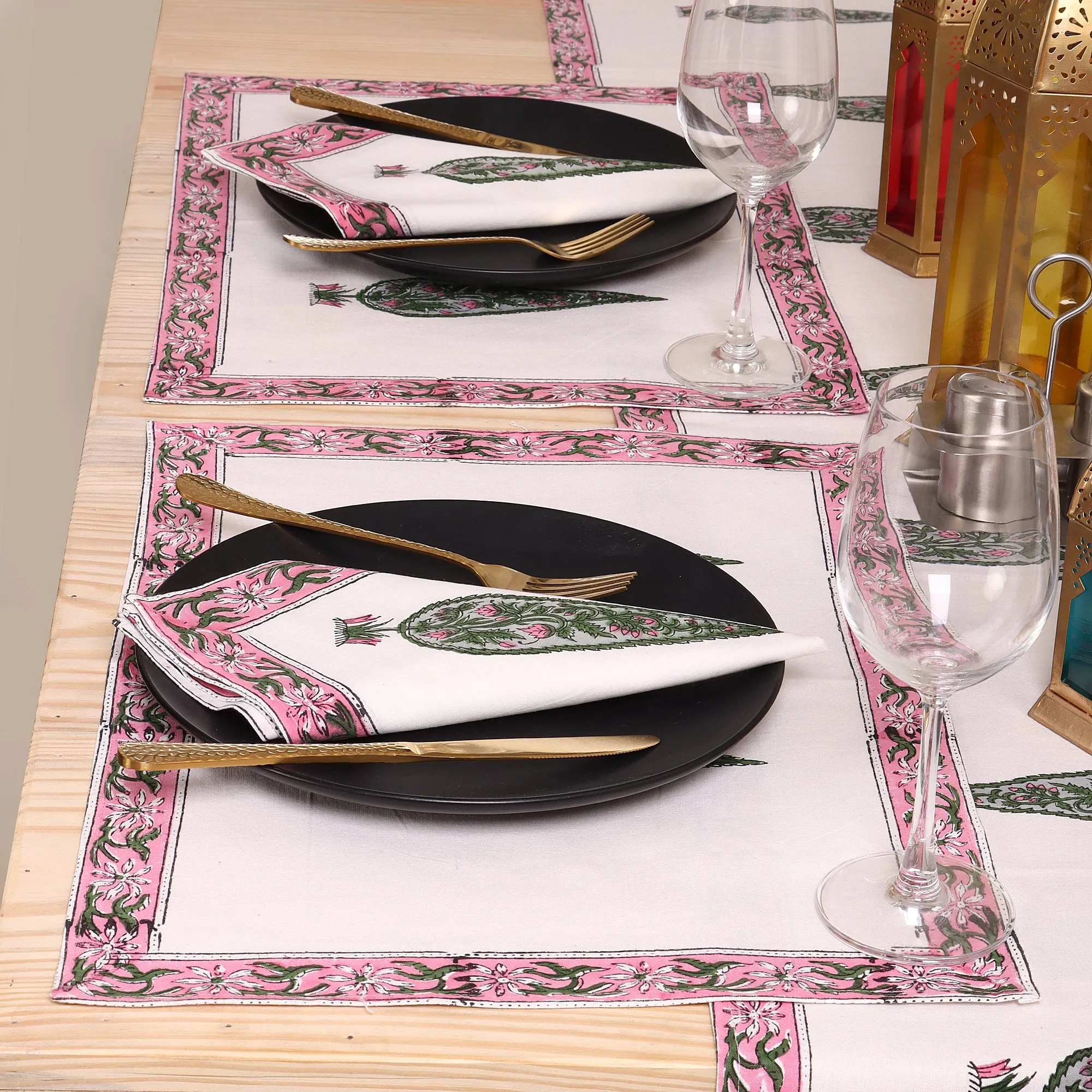 Green Hand Block Leaf Print Cotton Table Runner