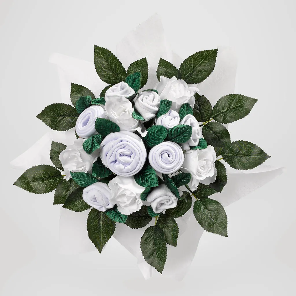 Hand Tied Baby Clothes Bouquet and Personalised Bunny, White