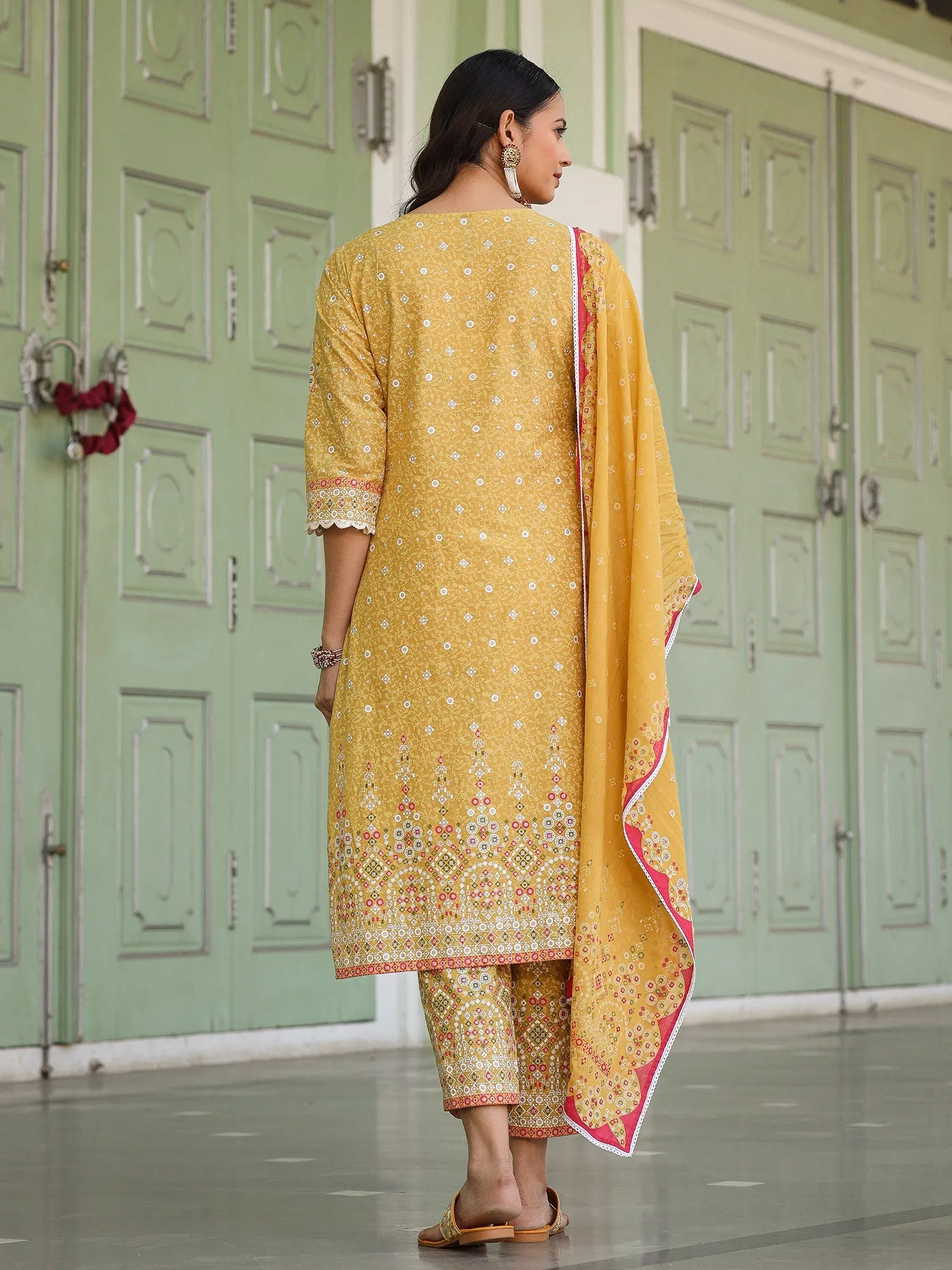 Jashvi The Banjara Mustard Geometric Print Pure Cotton Kurta With Pant & Dupatta With Bead Sequin & Coin