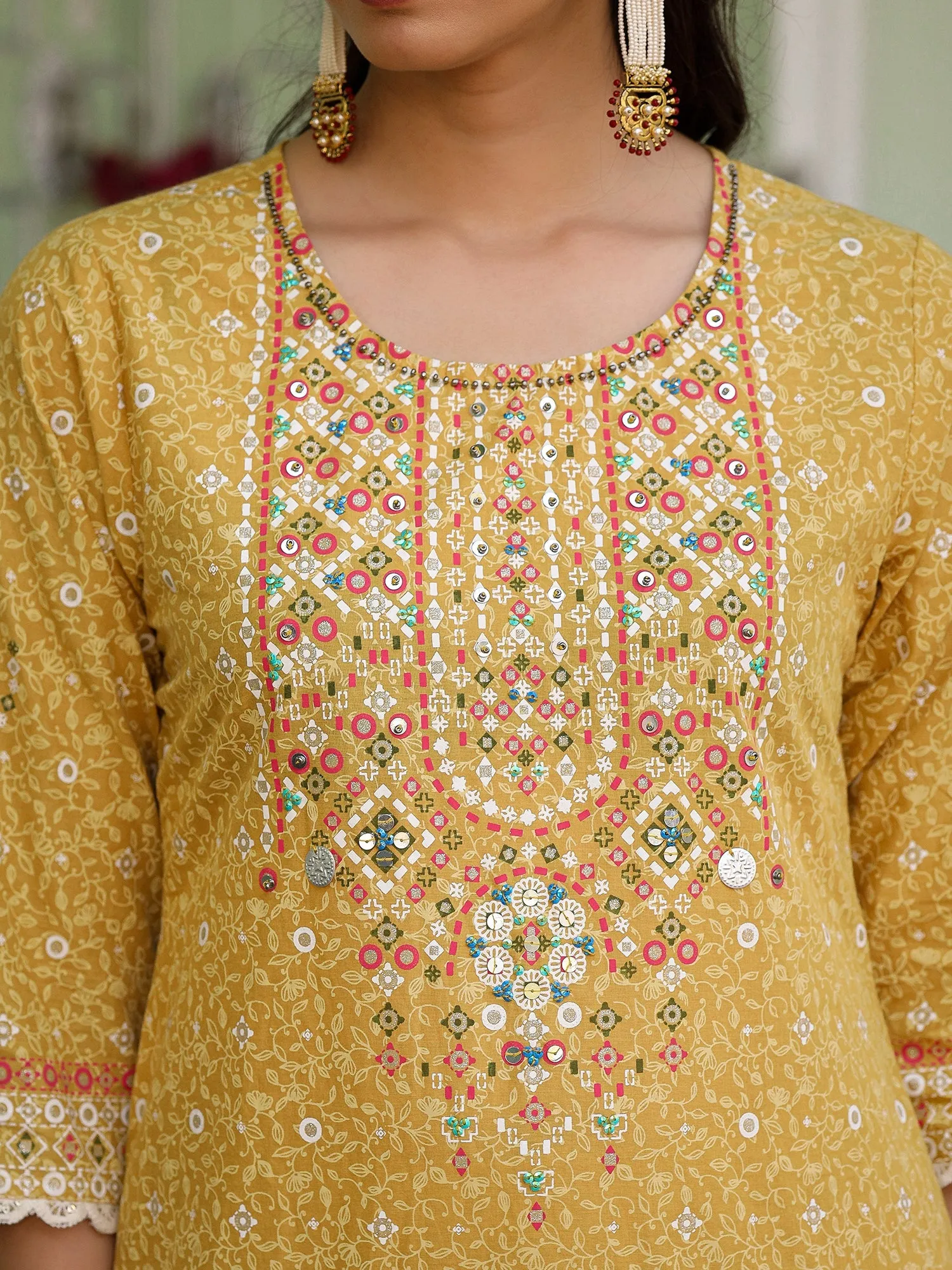 Jashvi The Banjara Mustard Geometric Print Pure Cotton Kurta With Pant & Dupatta With Bead Sequin & Coin
