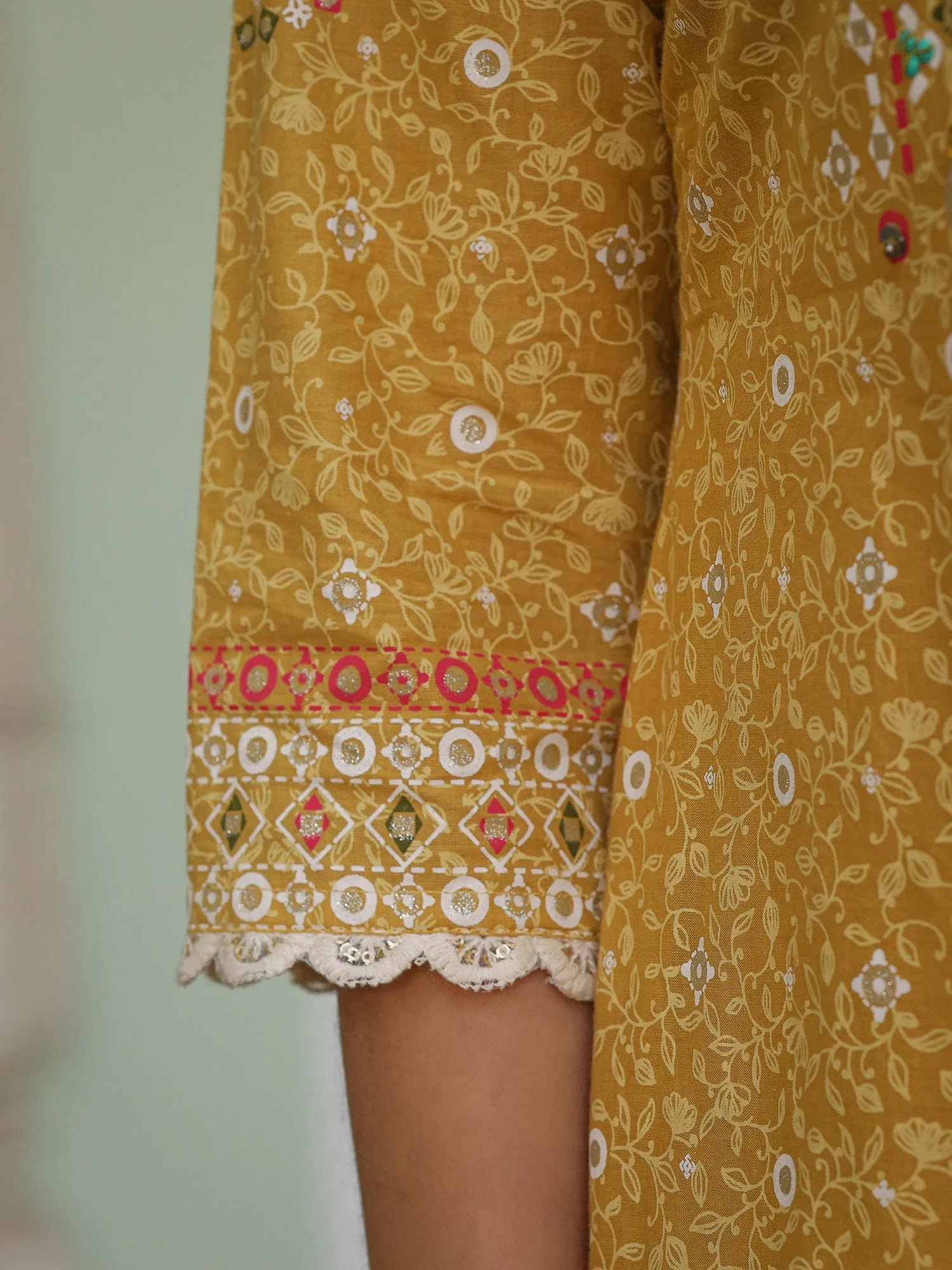 Jashvi The Banjara Mustard Geometric Print Pure Cotton Kurta With Pant & Dupatta With Bead Sequin & Coin