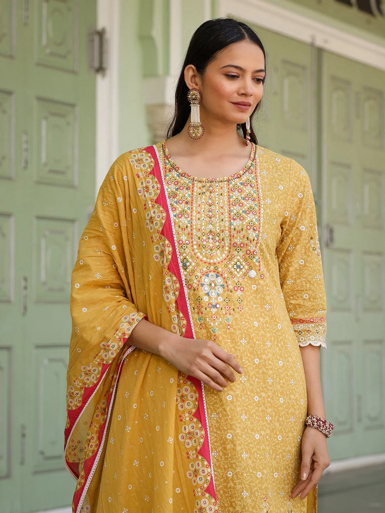Jashvi The Banjara Mustard Geometric Print Pure Cotton Kurta With Pant & Dupatta With Bead Sequin & Coin