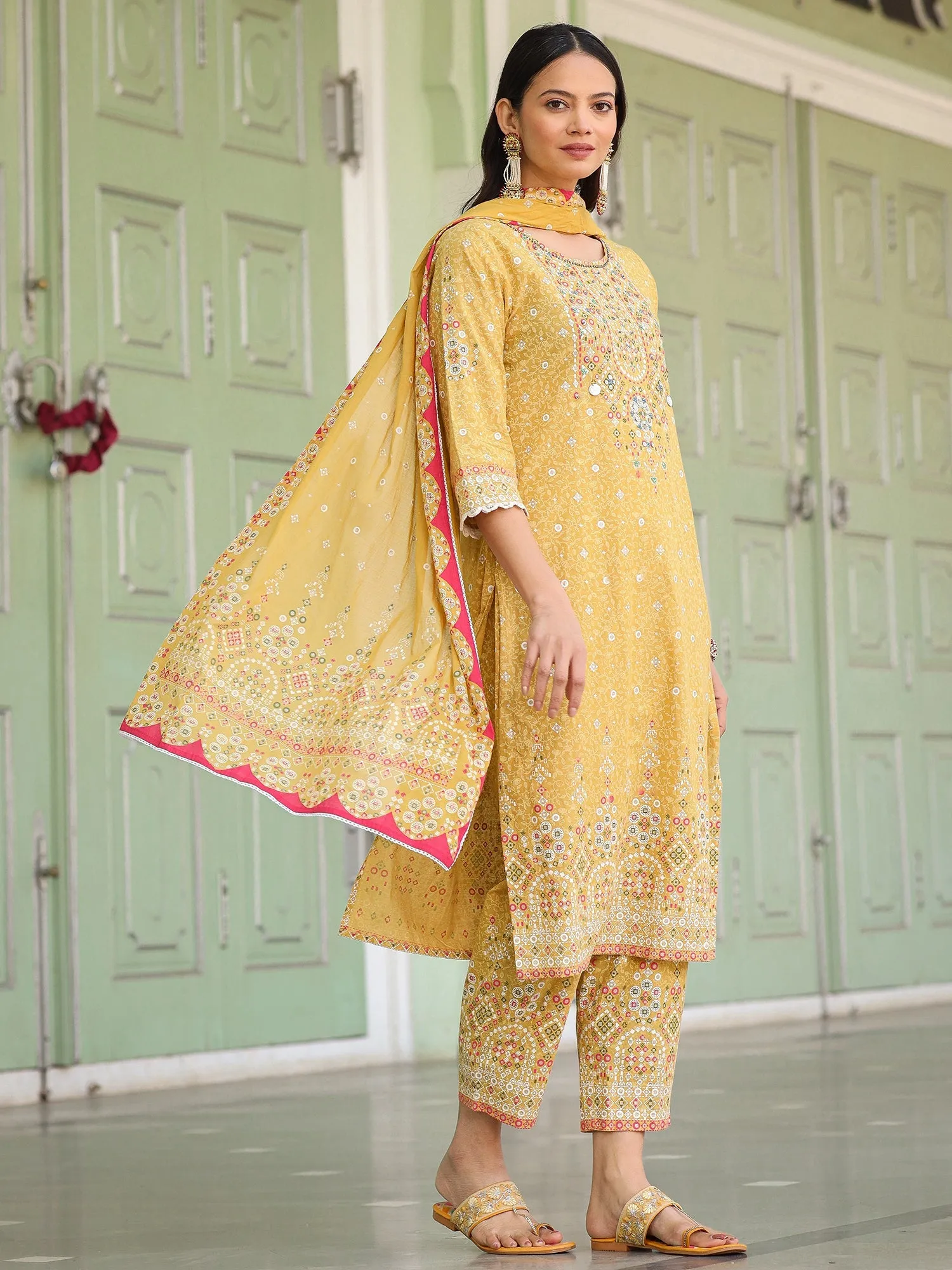 Jashvi The Banjara Mustard Geometric Print Pure Cotton Kurta With Pant & Dupatta With Bead Sequin & Coin