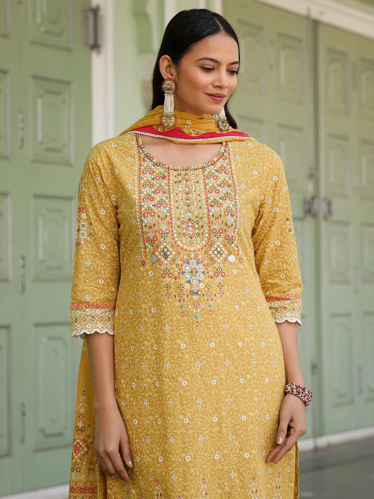 Jashvi The Banjara Mustard Geometric Print Pure Cotton Kurta With Pant & Dupatta With Bead Sequin & Coin
