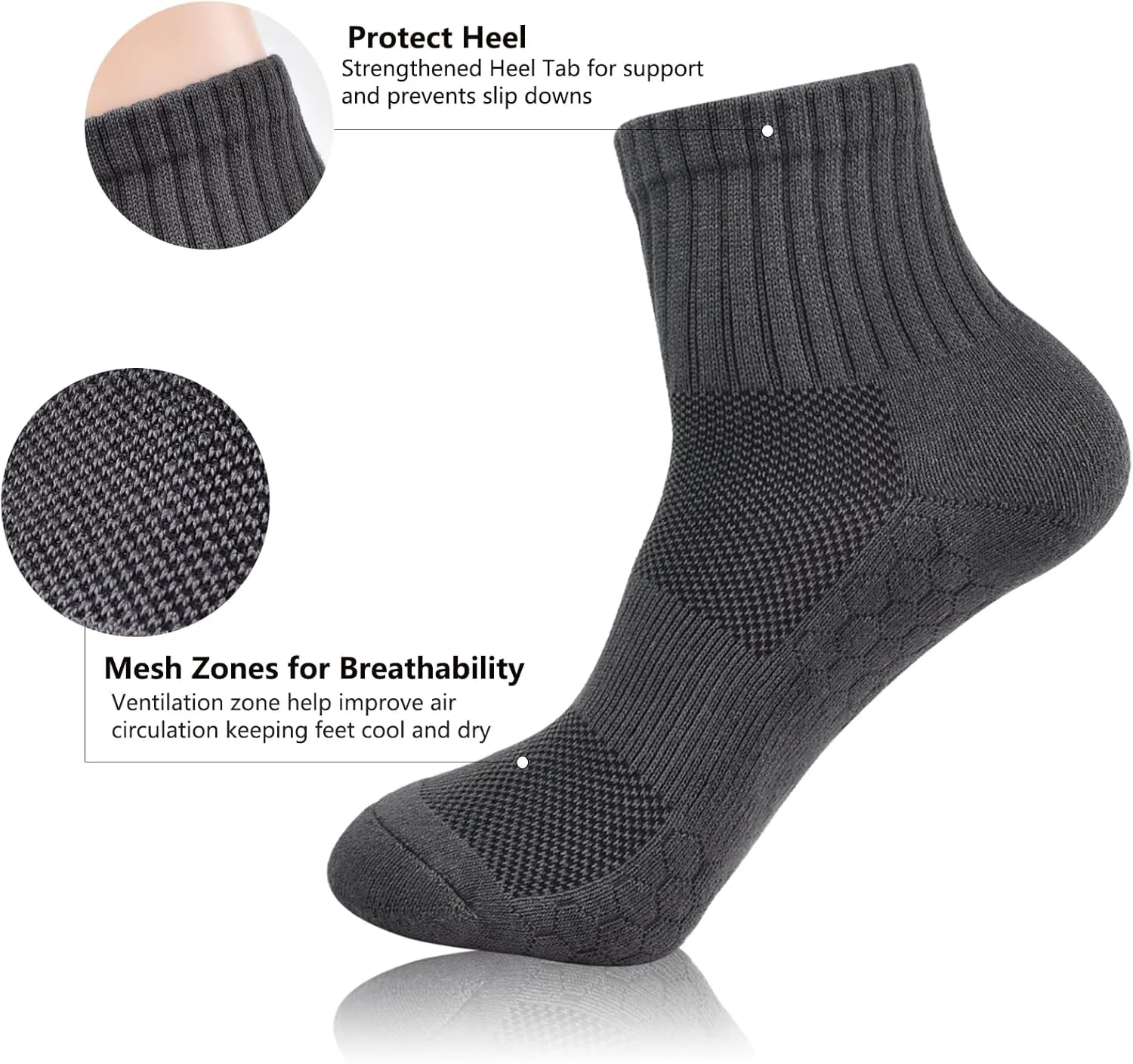 J.WMEET Men's Quarter Ankle Socks Athletic Running Hiking Cushion Performance Ventilation Sports Cotton Socks 6 Pack