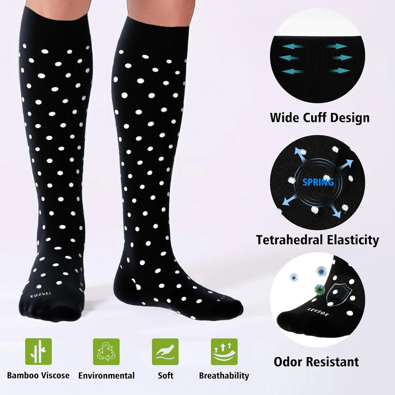 LEVSOX Viscose for Bamboo Compression Socks for Women&Men 20-30 mmHg Knee High Cute Support Socks for Nurses Pregnacy Travel