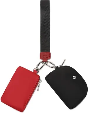 Mini Zip Around Wristlet Wallet for Women Detachable Dual Pouch Wristlet Portable Coin Pocket Keychain Small Purse (Red Black)