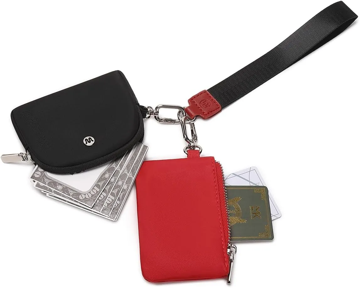 Mini Zip Around Wristlet Wallet for Women Detachable Dual Pouch Wristlet Portable Coin Pocket Keychain Small Purse (Red Black)