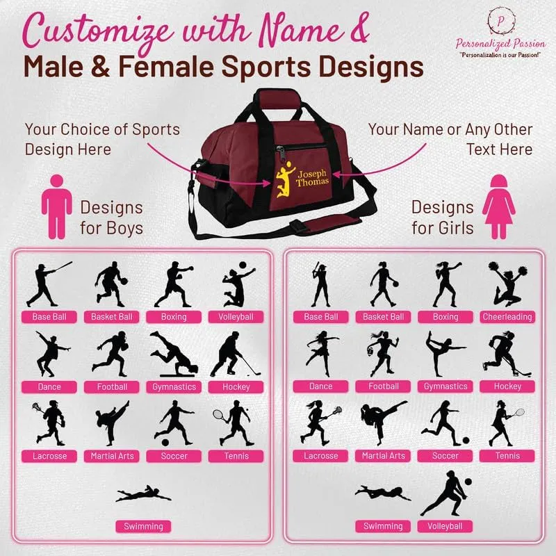 Personalized Passion Small Sports Duffel Bags for Kids - 14 Waterproof Travel Duffle with Embroidered Name & Baseball Design - Black Two-Toned Kids Weekender Bag for Boys and Girls