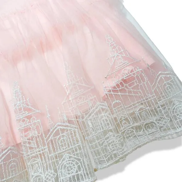 Pink Round Collar Embroidery Mesh Dress