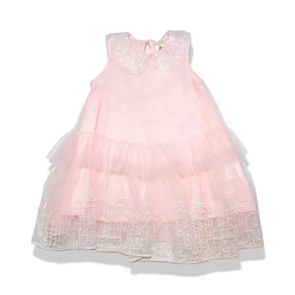 Pink Round Collar Embroidery Mesh Dress