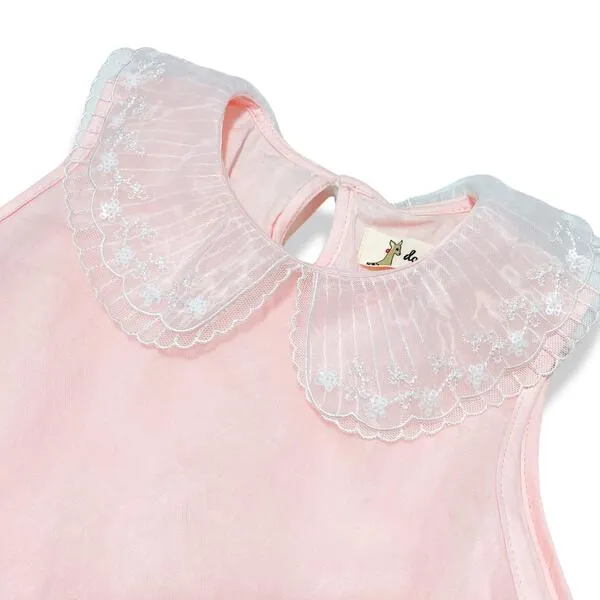 Pink Round Collar Embroidery Mesh Dress