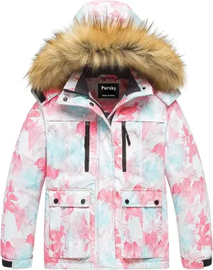 Pursky Girl's Waterproof Ski Jacket Kids Winter Snow Coats Fleece Raincoat Parka