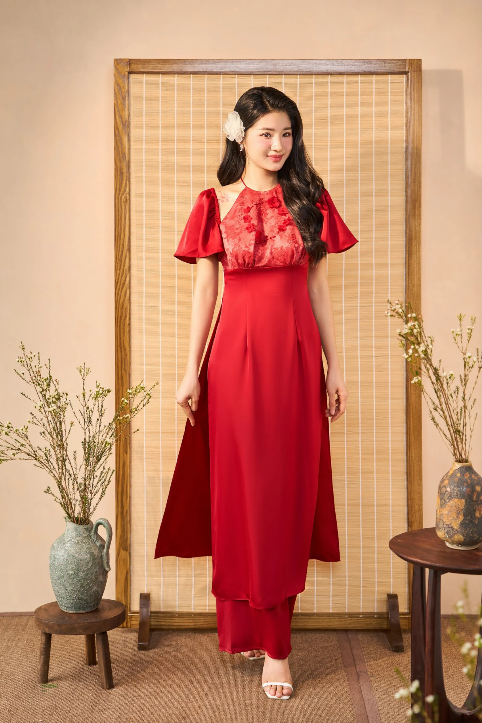 Red Short Sleeves Modern Ao Dai (with pants)