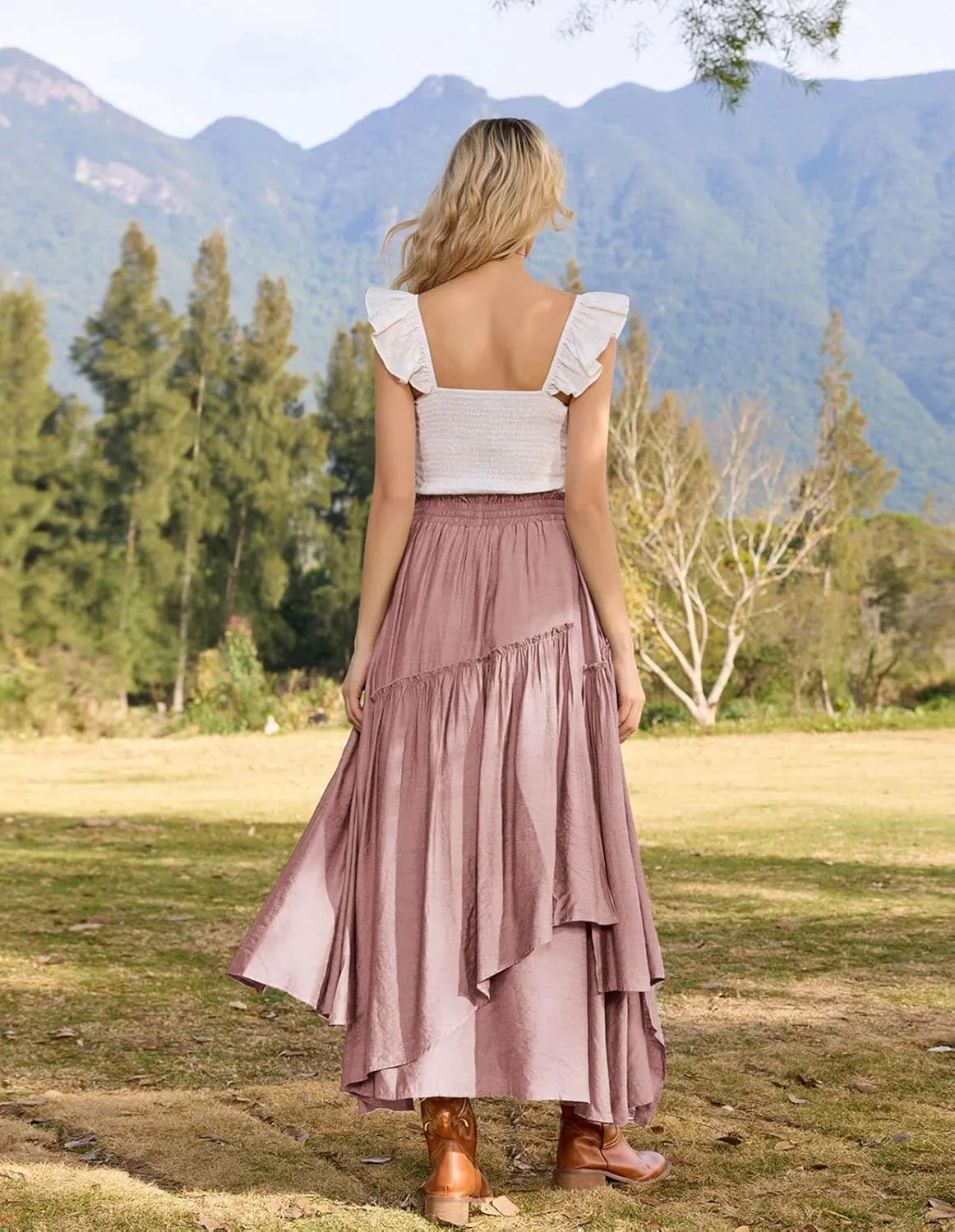 Scarlet Darkness Women Renaissance Layered Long Skirt Elastic High Waist Tiered Skirt with Pockets