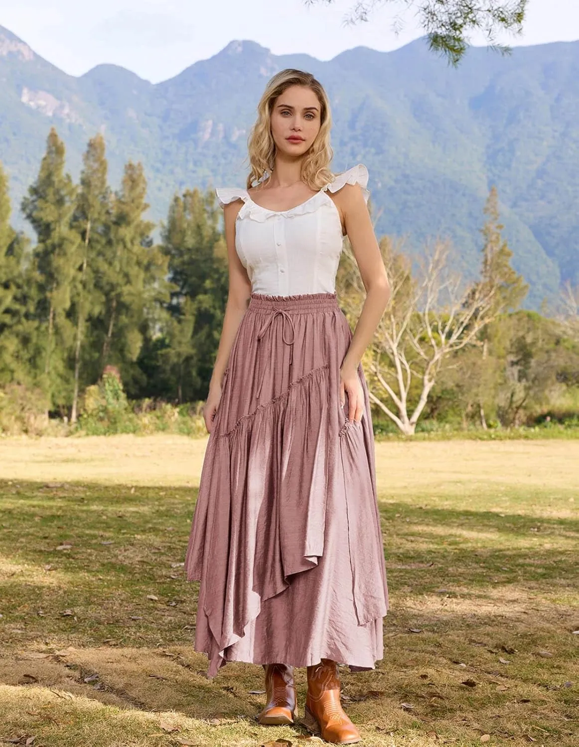 Scarlet Darkness Women Renaissance Layered Long Skirt Elastic High Waist Tiered Skirt with Pockets