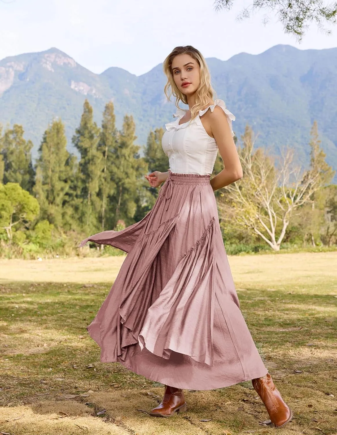 Scarlet Darkness Women Renaissance Layered Long Skirt Elastic High Waist Tiered Skirt with Pockets