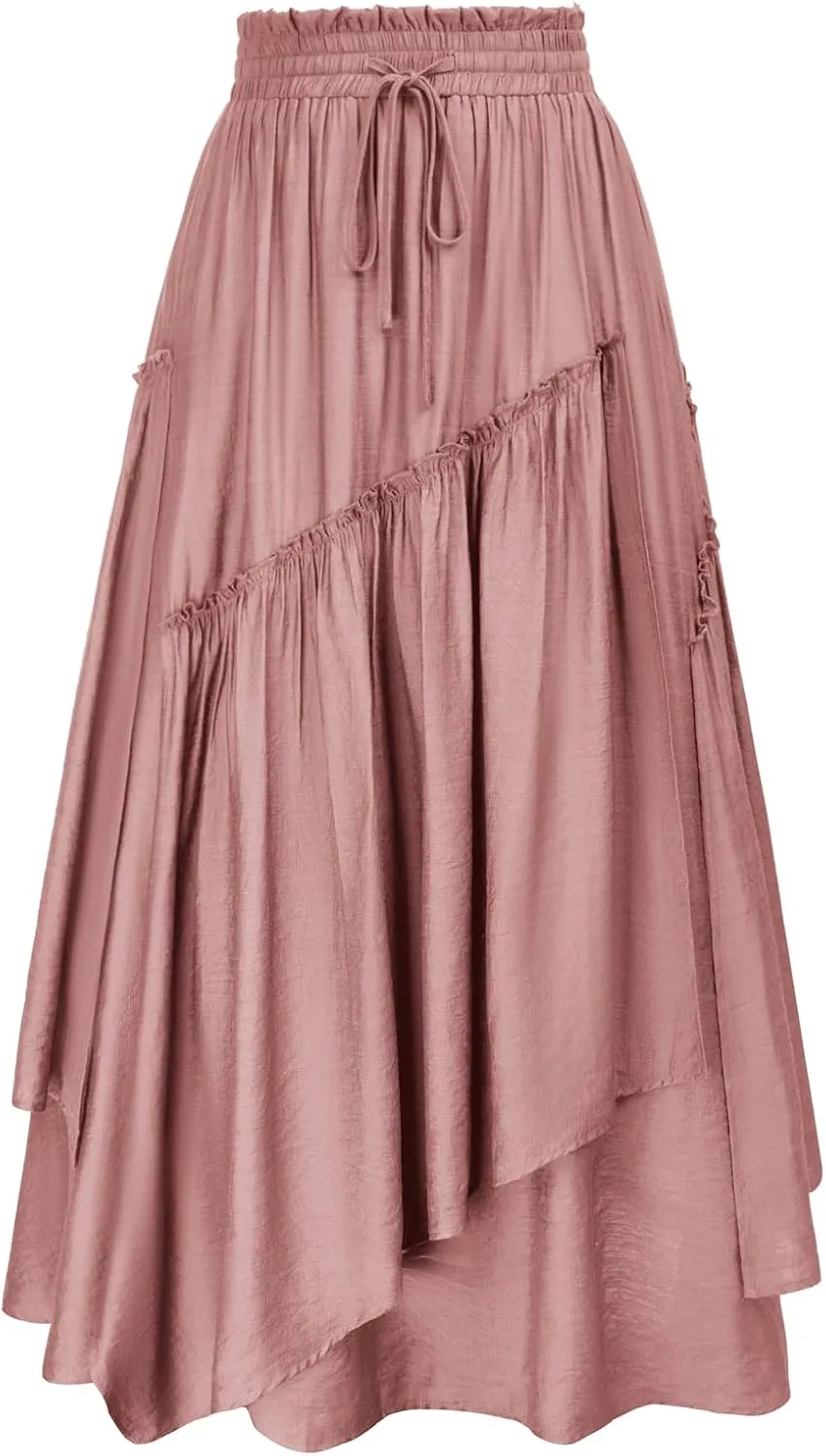 Scarlet Darkness Women Renaissance Layered Long Skirt Elastic High Waist Tiered Skirt with Pockets
