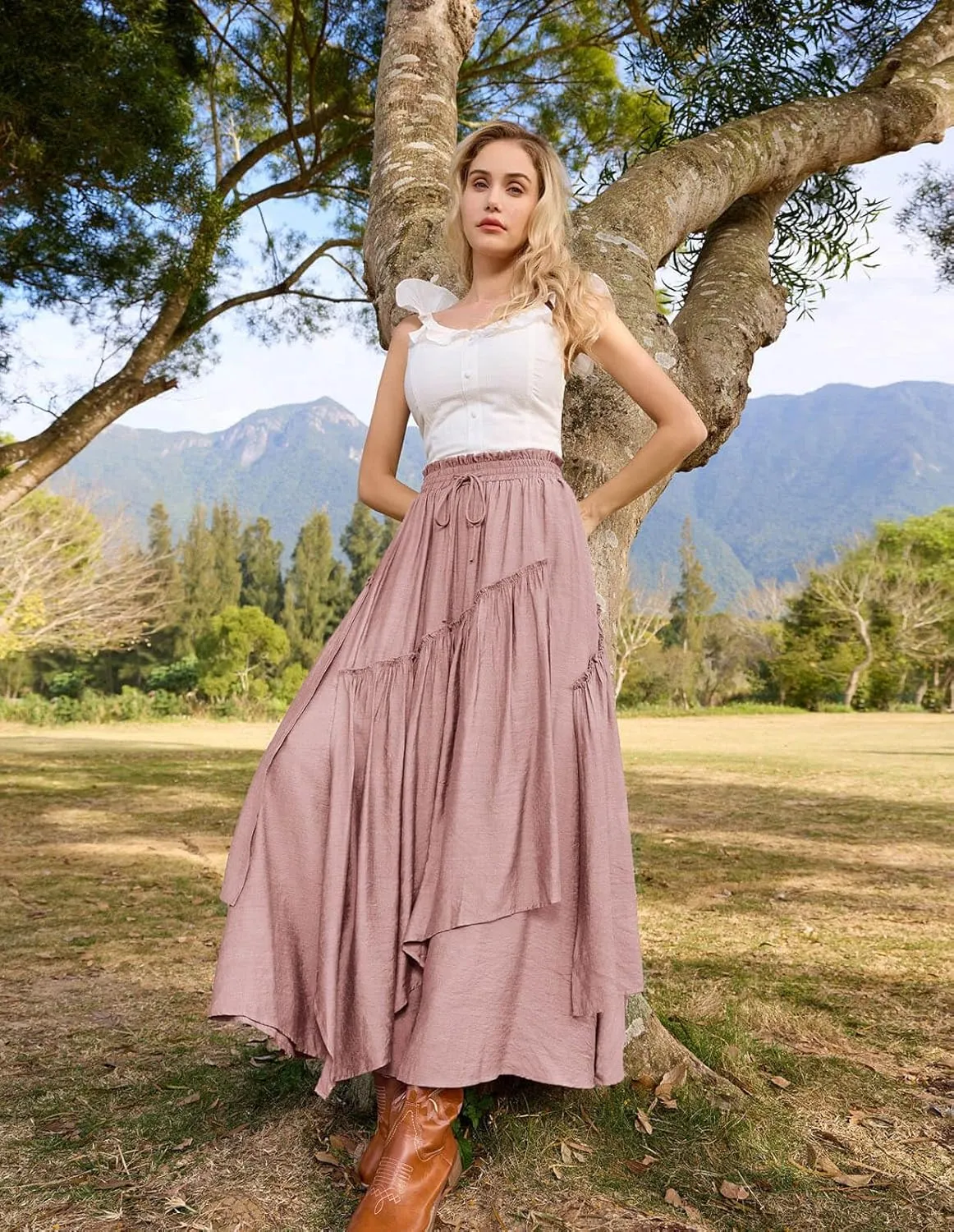 Scarlet Darkness Women Renaissance Layered Long Skirt Elastic High Waist Tiered Skirt with Pockets