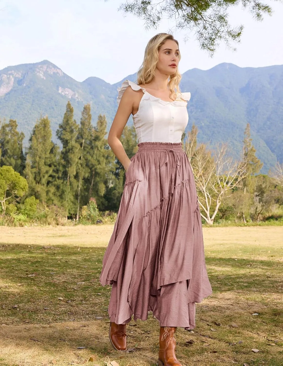 Scarlet Darkness Women Renaissance Layered Long Skirt Elastic High Waist Tiered Skirt with Pockets
