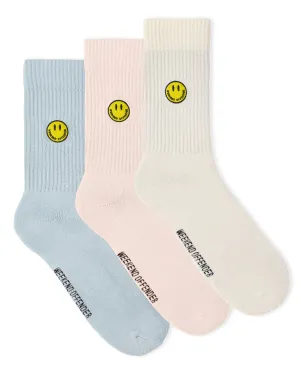 Smiley Sports Socks Pink/Blue/Cream (3 PAIR PACK)