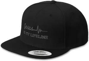 Snapback Hat for Men Flat Brim Hats Jesus is My Lifeline God Christian Embroidered Flat Bill Hat Acrylic
