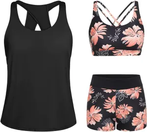 Tempt Me 3 Piece Tankini Swimsuits for Women Athletic Bathing Suits Swim Tank Top with Boy Shorts and Bra Modest Swimwear
