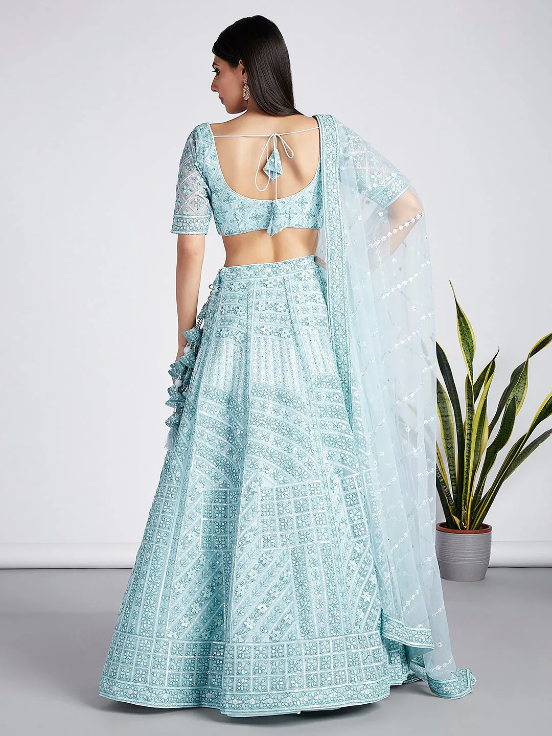 Turquoise blue Net Sequins, Zarkan and thread embroidery Semi-Stitched Lehenga choli & Dupatta