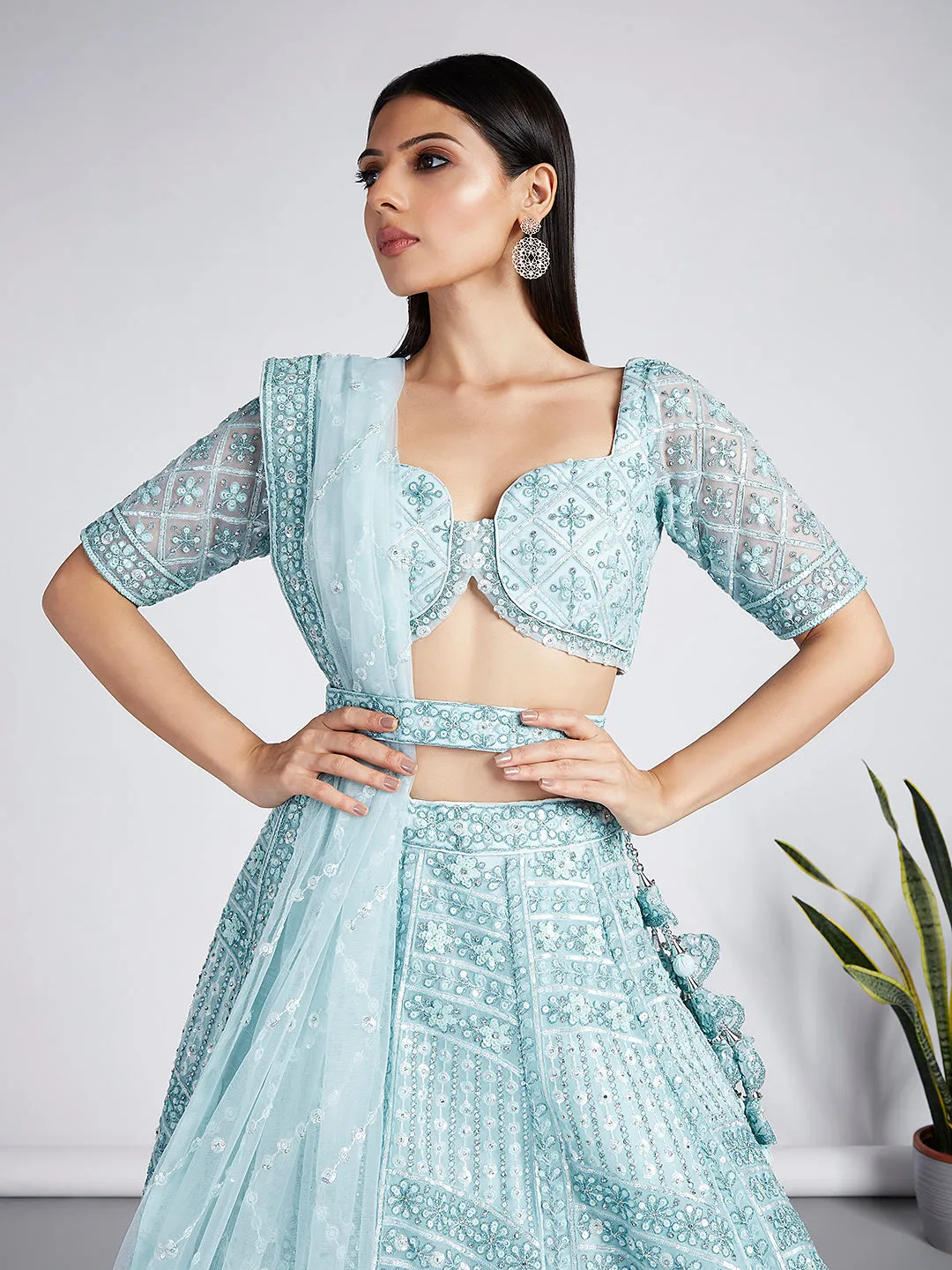 Turquoise blue Net Sequins, Zarkan and thread embroidery Semi-Stitched Lehenga choli & Dupatta