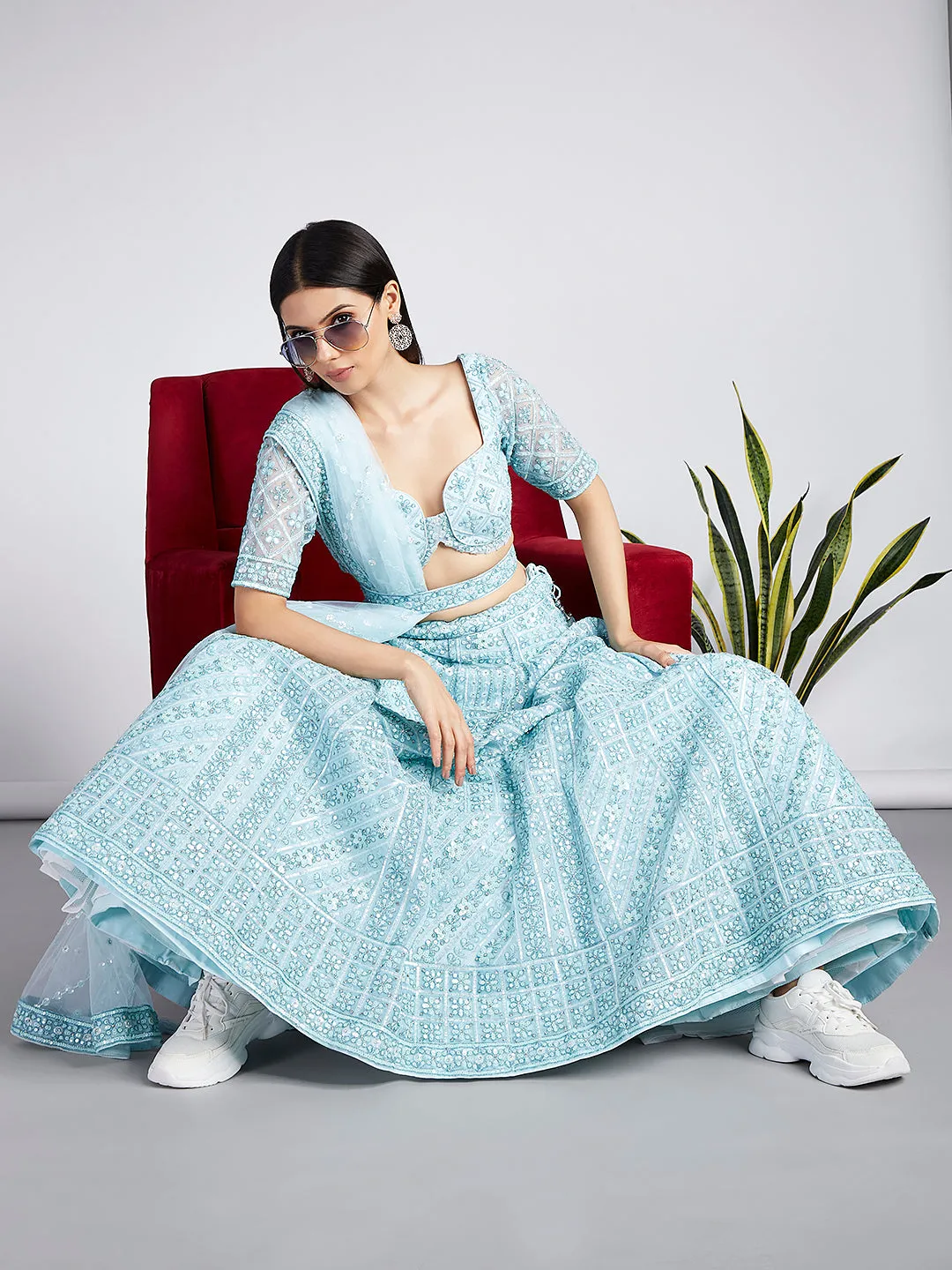 Turquoise blue Net Sequins, Zarkan and thread embroidery Semi-Stitched Lehenga choli & Dupatta